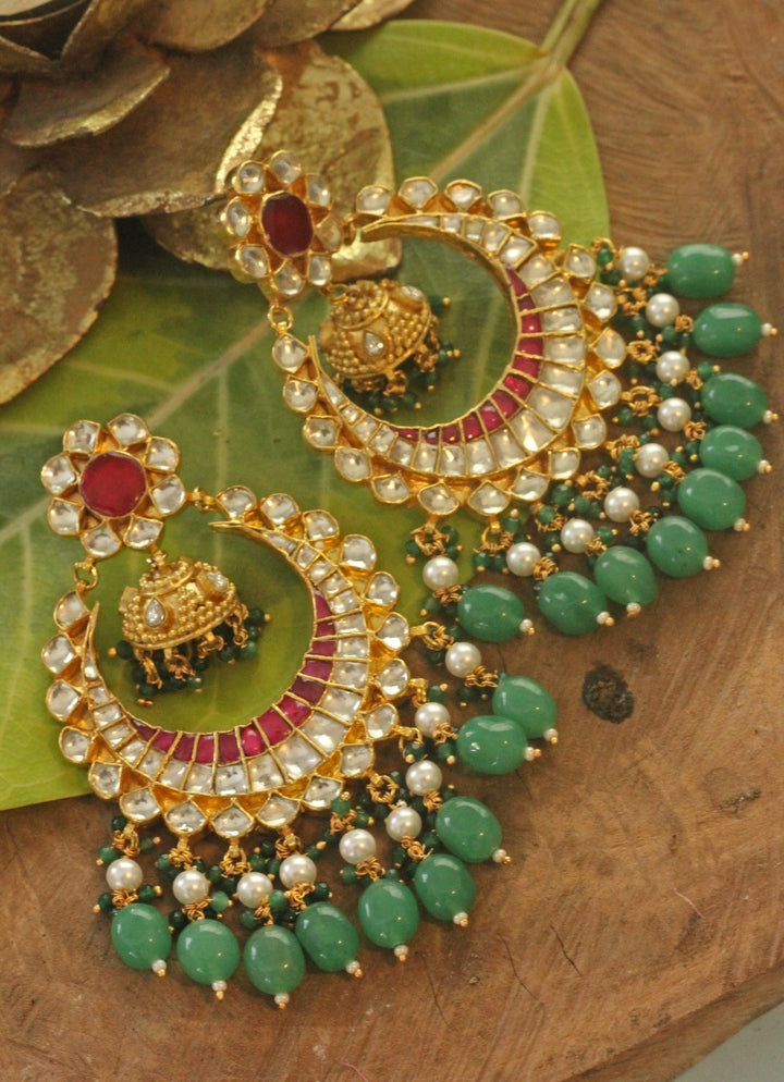 Gold Plated Jadau Chandbali With Sea Green Hangings Kalyani Indian Jewelry - Fabilicious Fashion