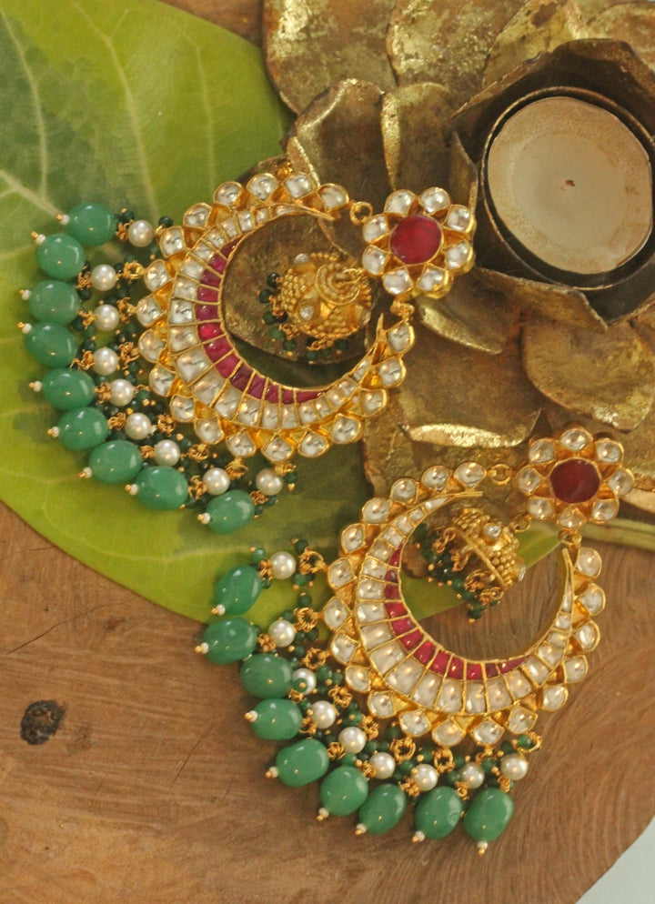 Gold Plated Jadau Chandbali With Sea Green Hangings Kalyani Indian Jewelry - Fabilicious Fashion