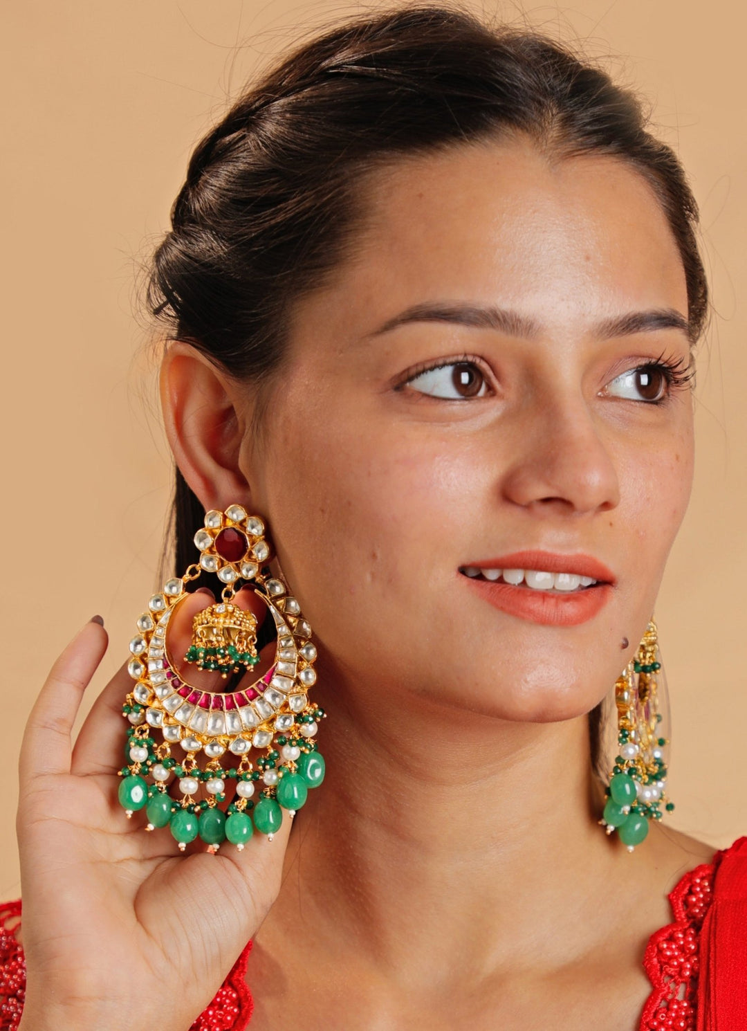 Gold Plated Jadau Chandbali With Sea Green Hangings Kalyani Indian Jewelry - Fabilicious Fashion