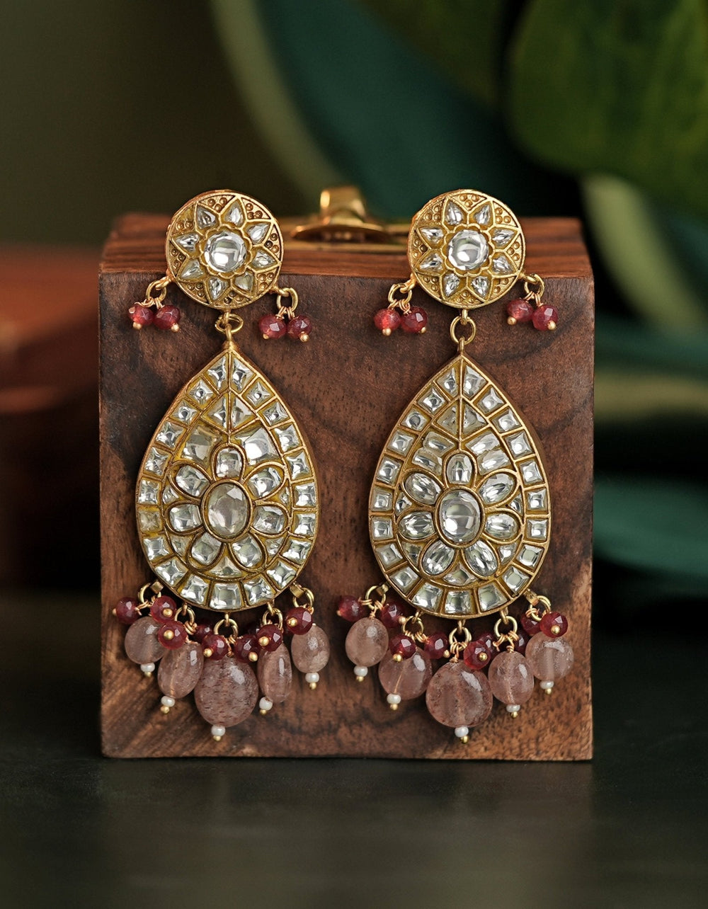 Gold Plated Jadau Earrings With Pink Beaded Hangings Kalyani Indian Jewelry - Fabilicious Fashion