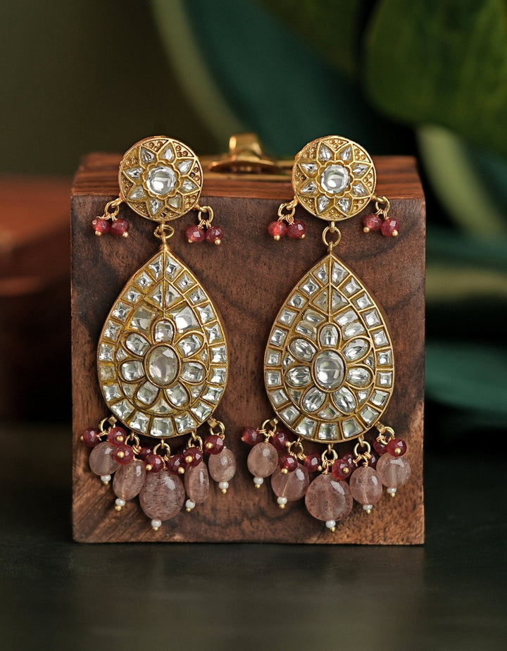 Gold Plated Jadau Earrings With Pink Beaded Hangings Kalyani Indian Jewelry - Fabilicious Fashion
