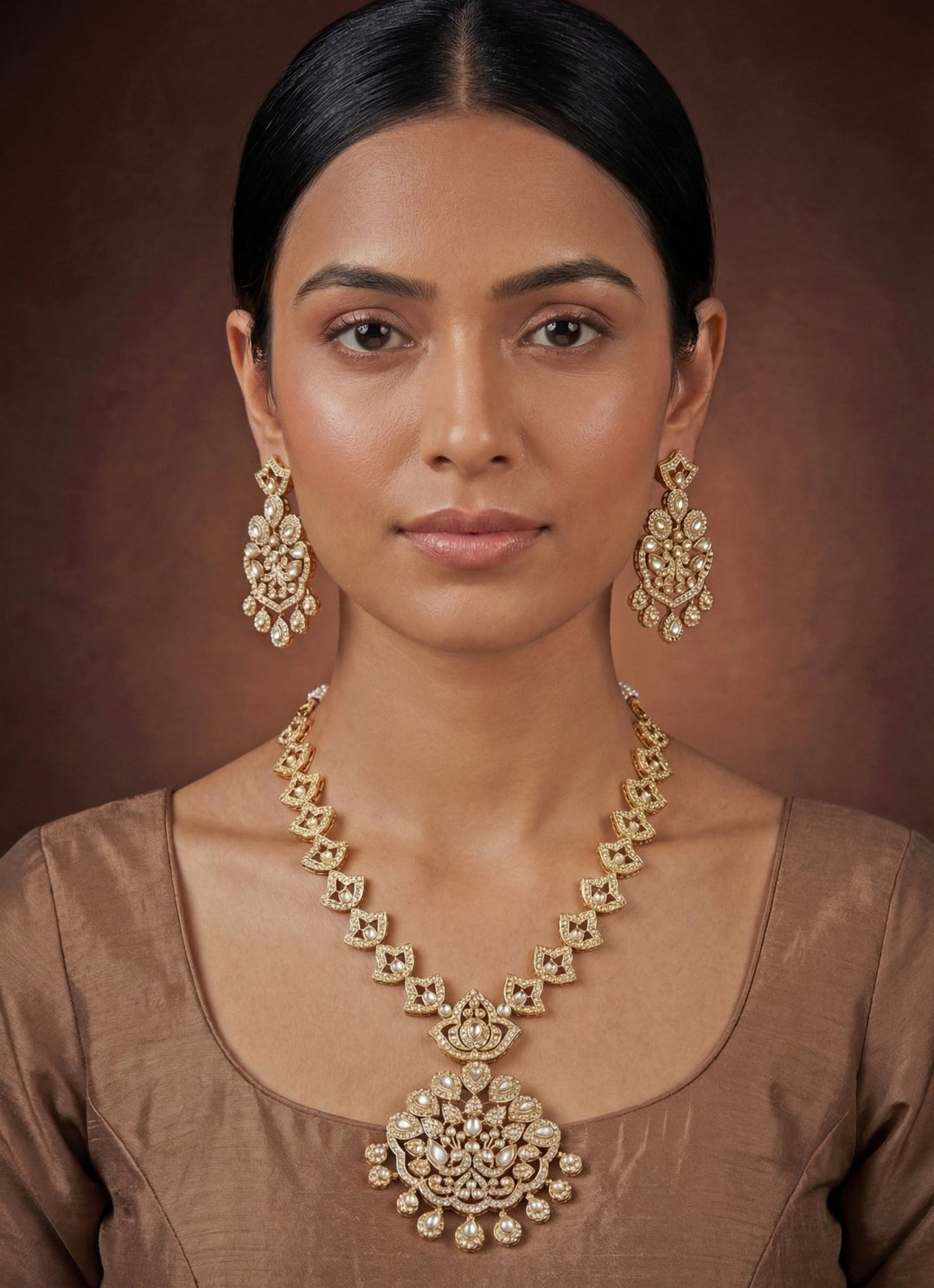 Gold Plated Jadau Long Necklace Set Zevar by Geeta - Fabilicious Fashion