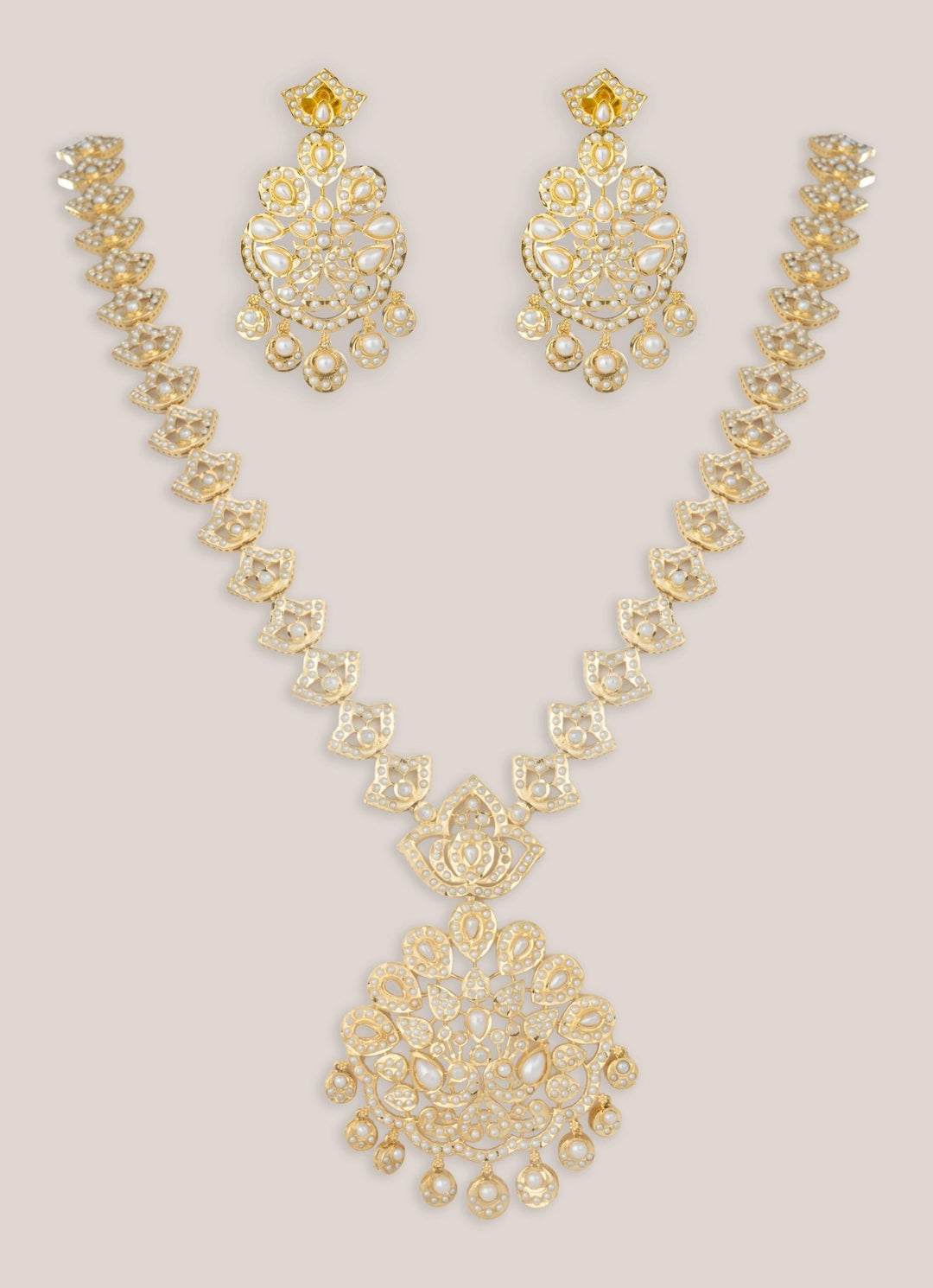 Gold Plated Jadau Long Necklace Set Zevar by Geeta - Fabilicious Fashion