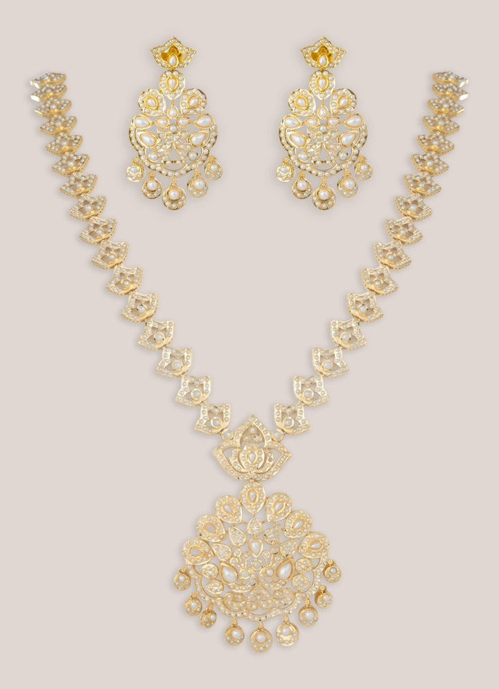Gold Plated Jadau Long Necklace Set Zevar by Geeta - Fabilicious Fashion