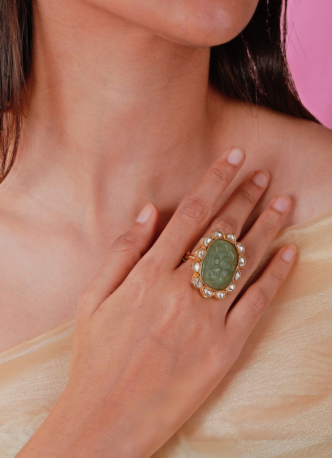 Gold Plated Jade And White Stone Ring Riana by Shikha Jindal - Fabilicious Fashion