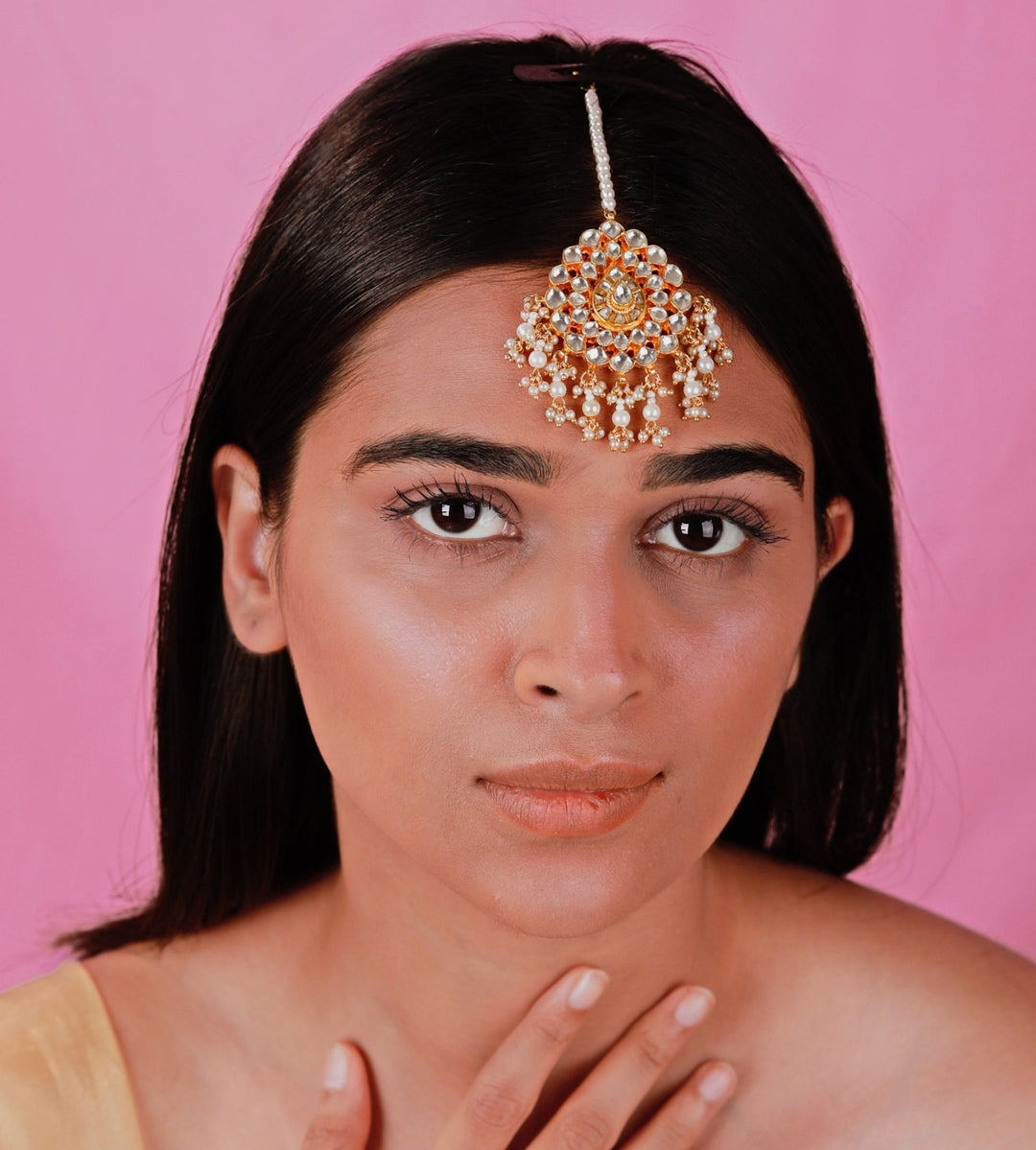 Gold Plated Jadtar And Pearl Maang Tikka Riana by Shikha Jindal - Fabilicious Fashion