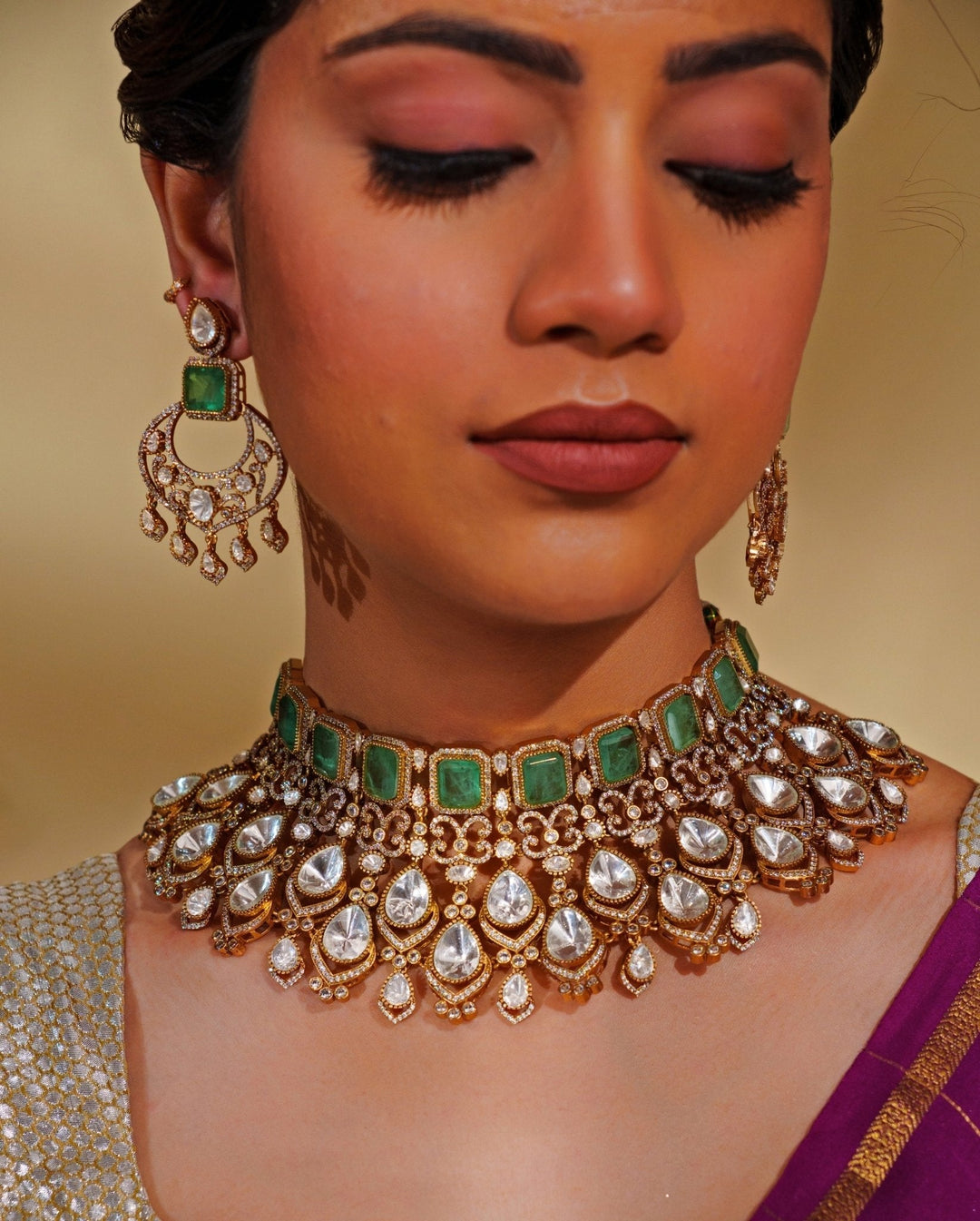 Gold Plated Kundan And Green Bridal Necklace Set Zevar by Geeta - Fabilicious Fashion