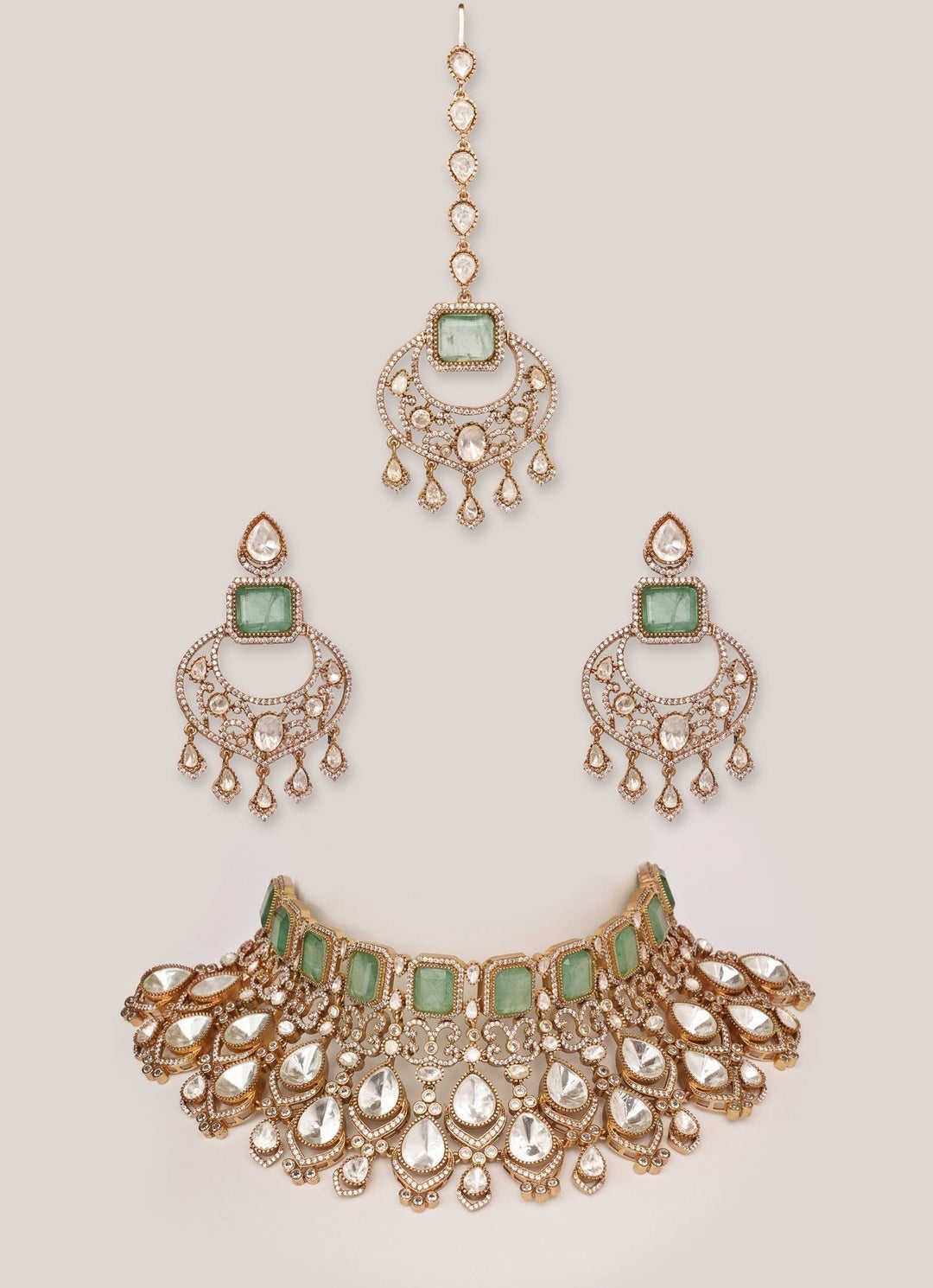 Gold Plated Kundan And Green Bridal Necklace Set Zevar by Geeta - Fabilicious Fashion