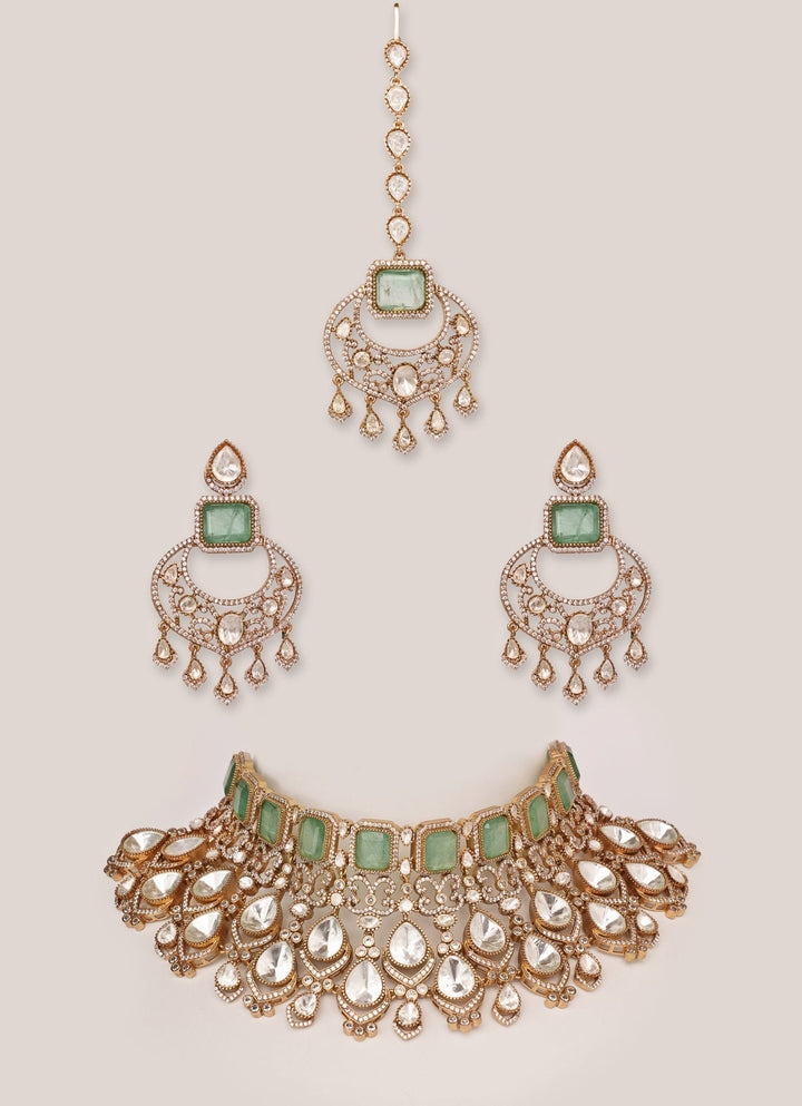 Gold Plated Kundan And Green Bridal Necklace Set Zevar by Geeta - Fabilicious Fashion