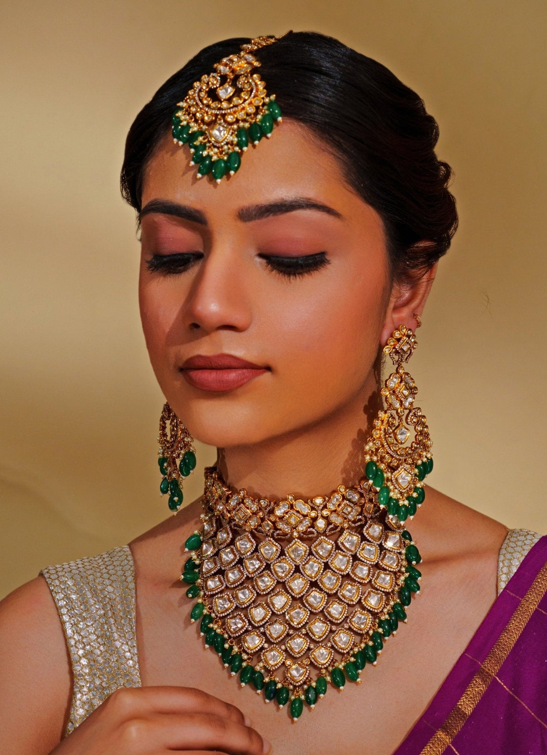 Gold Plated Kundan And Green Drop Bridal Choker Necklace Set Zevar by Geeta - Fabilicious Fashion