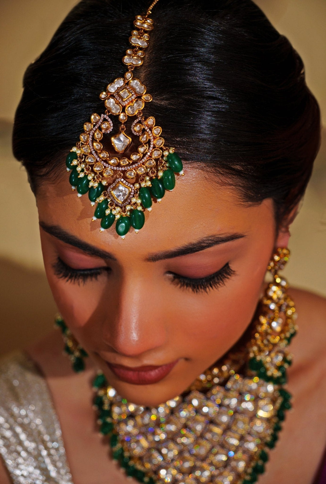 Gold Plated Kundan And Green Drop Bridal Choker Necklace Set Zevar by Geeta - Fabilicious Fashion