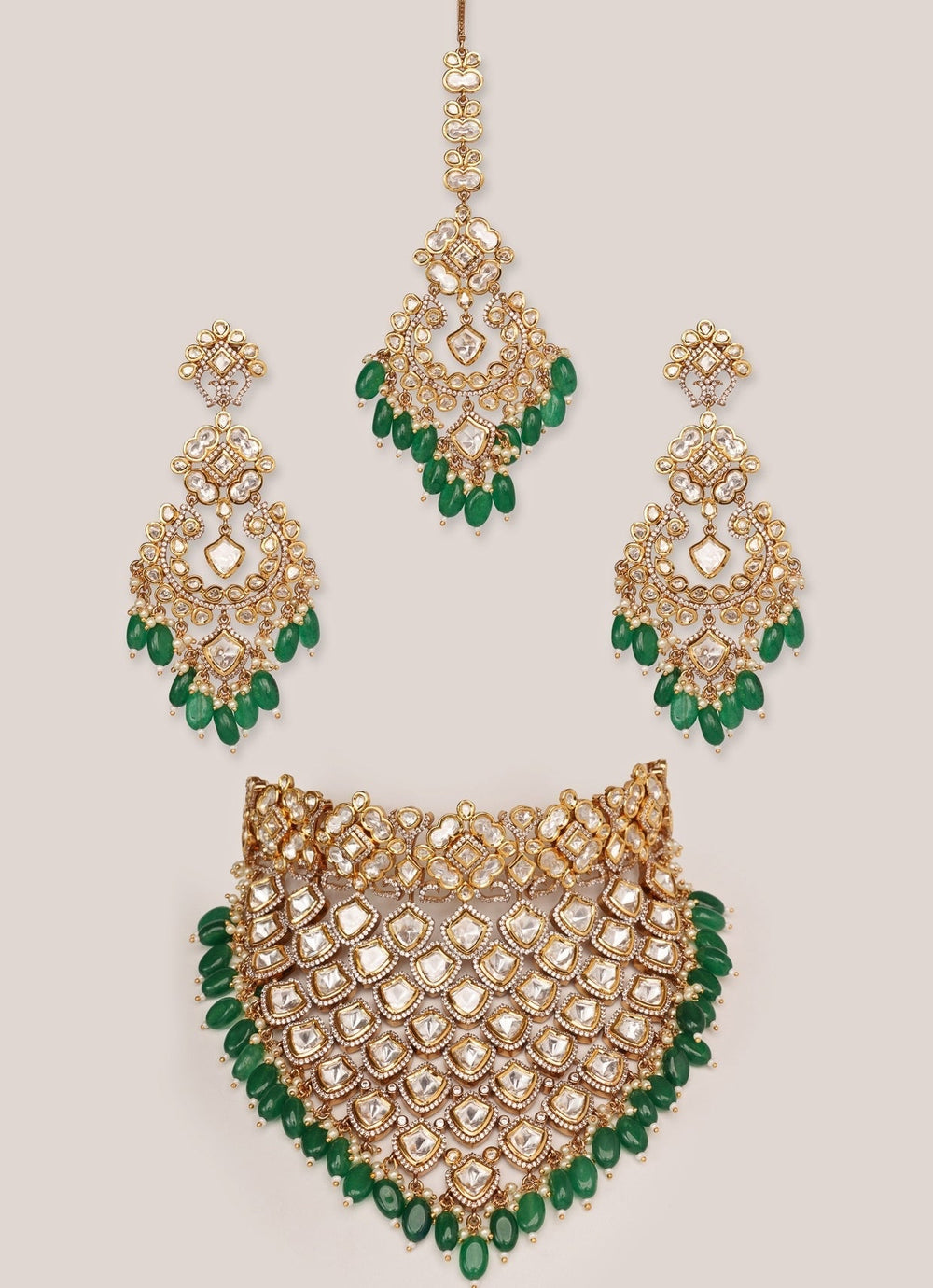 Gold Plated Kundan And Green Drop Bridal Choker Necklace Set Zevar by Geeta - Fabilicious Fashion