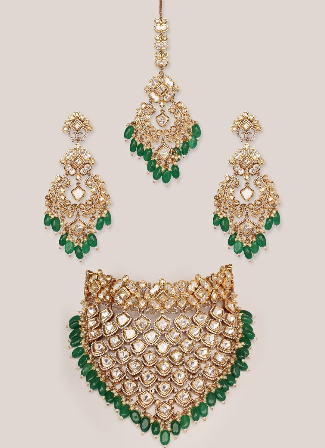 Gold Plated Kundan And Green Drop Bridal Choker Necklace Set Zevar by Geeta - Fabilicious Fashion