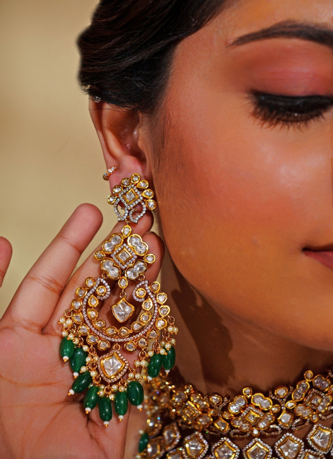 Gold Plated Kundan And Green Drop Bridal Choker Necklace Set Zevar by Geeta - Fabilicious Fashion