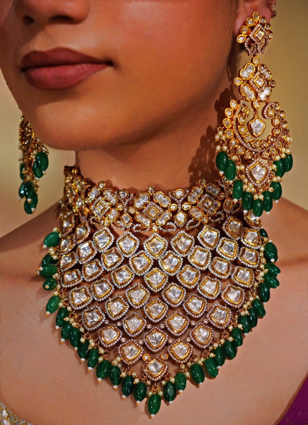 Gold Plated Kundan And Green Drop Bridal Choker Necklace Set Zevar by Geeta - Fabilicious Fashion