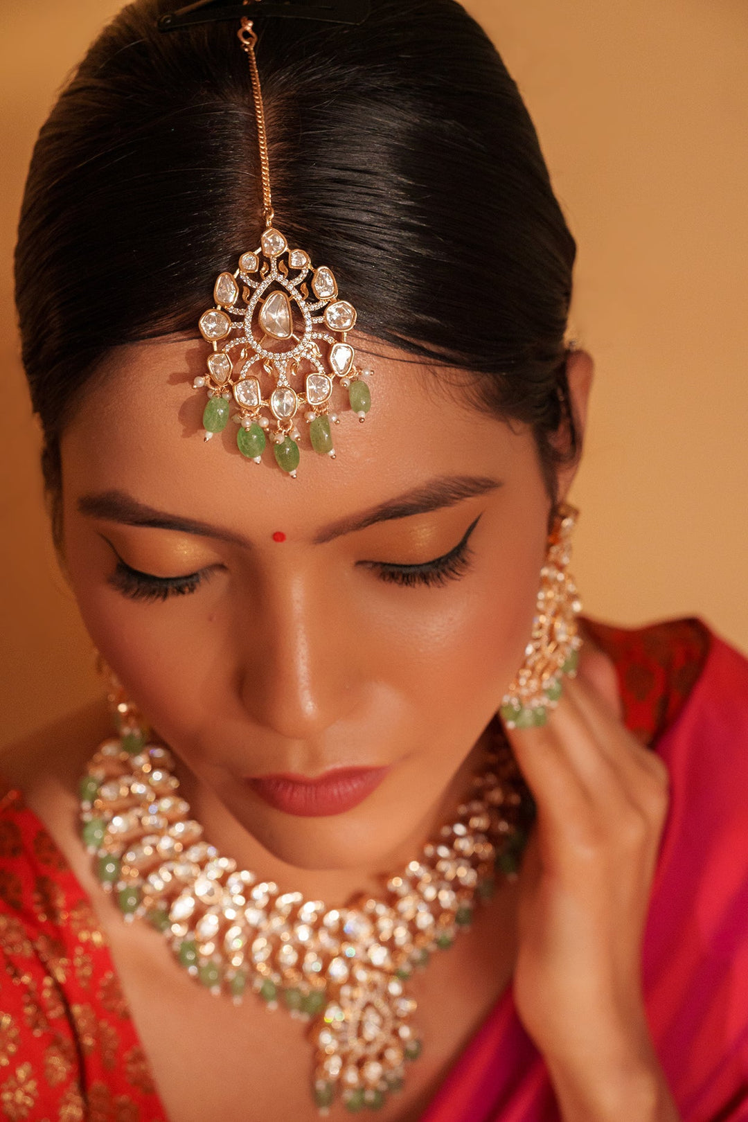 Gold Plated Kundan And Green Drop Studded Necklace Set Zevar by Geeta - Fabilicious Fashion