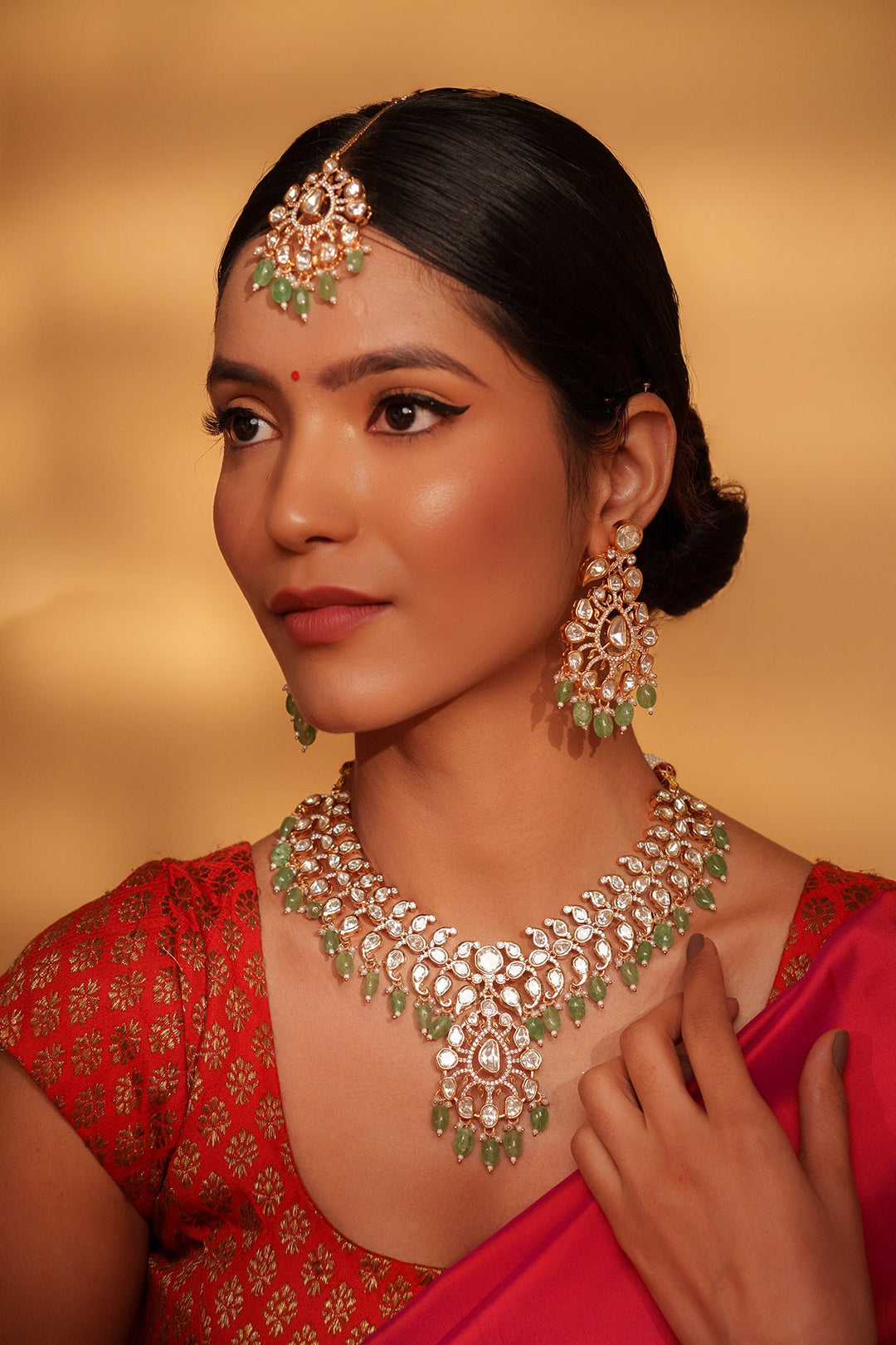 Gold Plated Kundan And Green Drop Studded Necklace Set Zevar by Geeta - Fabilicious Fashion