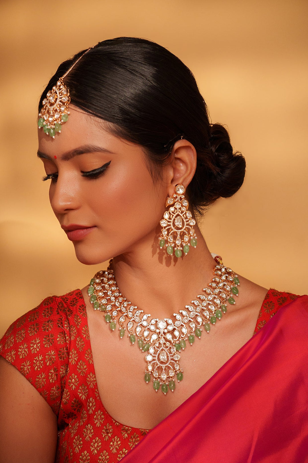 Gold Plated Kundan And Green Drop Studded Necklace Set Zevar by Geeta - Fabilicious Fashion