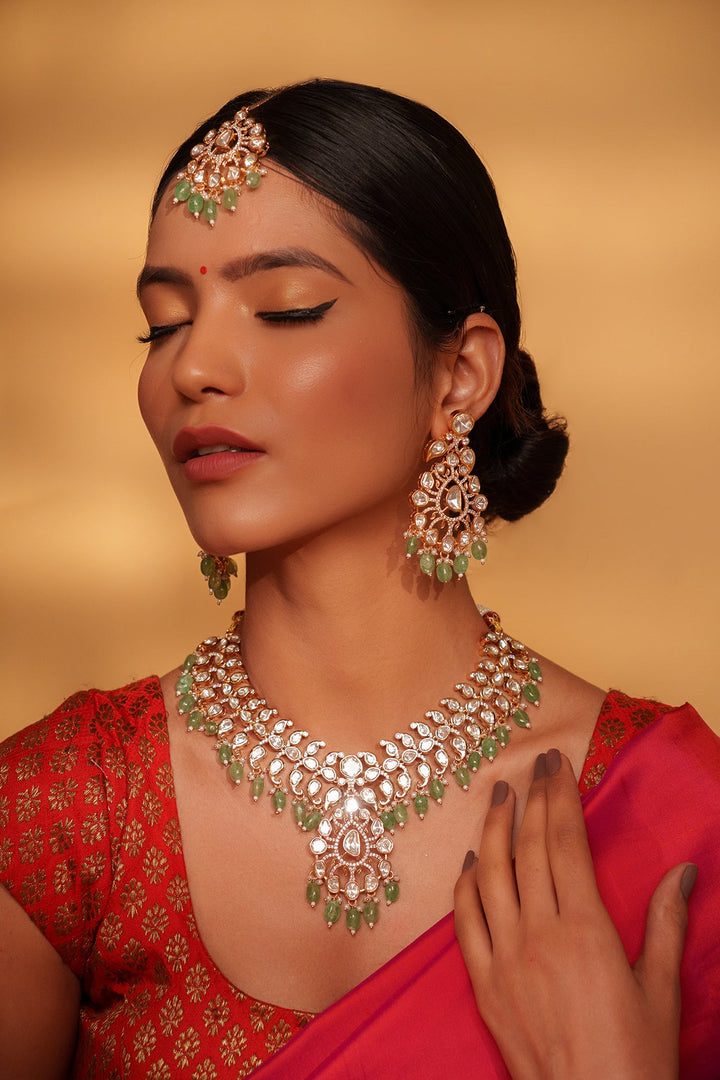 Gold Plated Kundan And Green Drop Studded Necklace Set Zevar by Geeta - Fabilicious Fashion