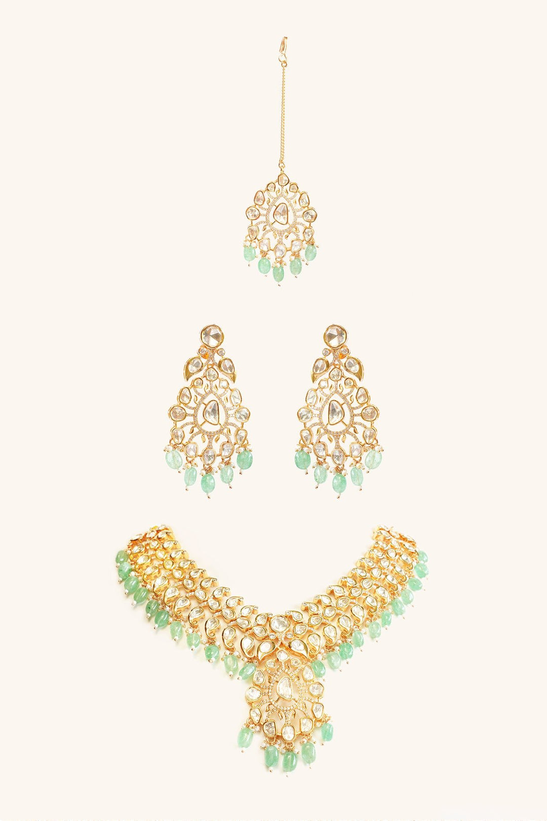 Gold Plated Kundan And Green Drop Studded Necklace Set Zevar by Geeta - Fabilicious Fashion
