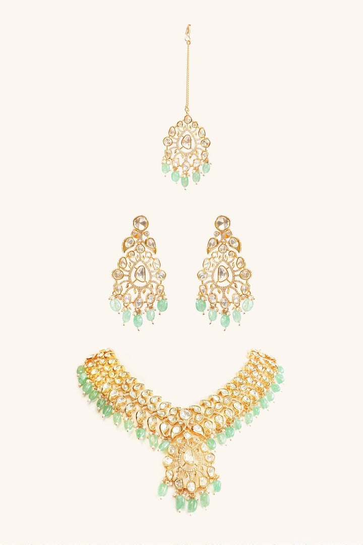 Gold Plated Kundan And Green Drop Studded Necklace Set Zevar by Geeta - Fabilicious Fashion