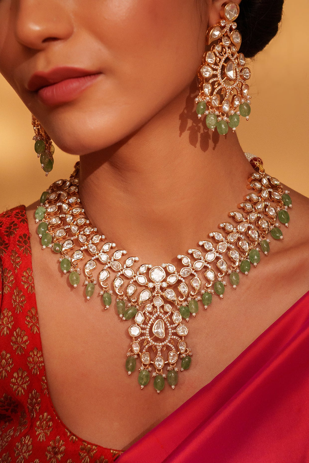 Gold Plated Kundan And Green Drop Studded Necklace Set Zevar by Geeta - Fabilicious Fashion
