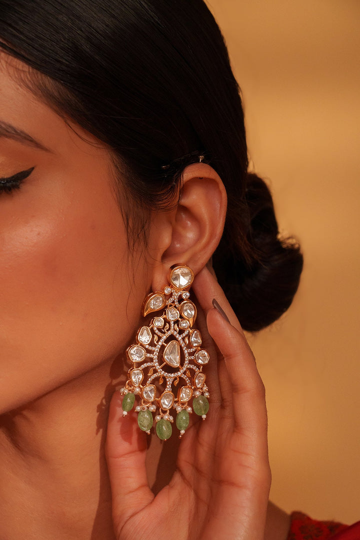 Gold Plated Kundan And Green Drop Studded Necklace Set Zevar by Geeta - Fabilicious Fashion