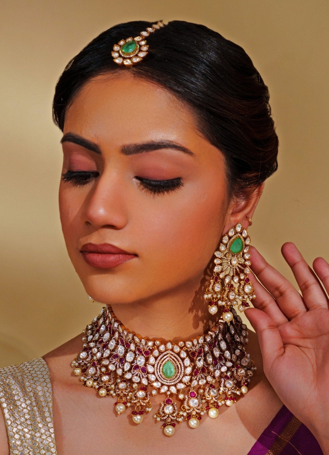 Gold Plated Kundan And Green Stone Bridal Necklace Set Zevar by Geeta - Fabilicious Fashion