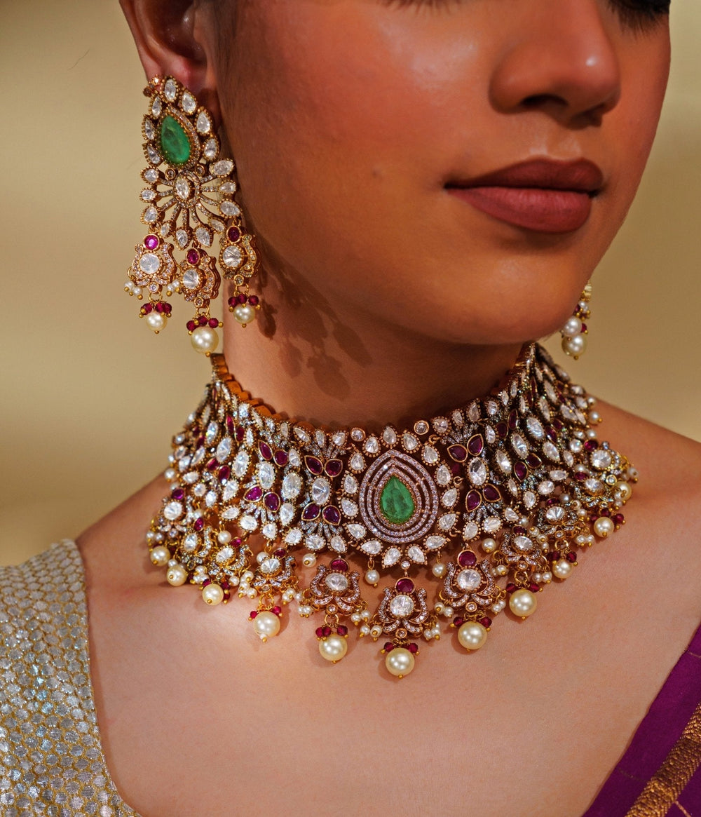 Gold Plated Kundan And Green Stone Bridal Necklace Set Zevar by Geeta - Fabilicious Fashion