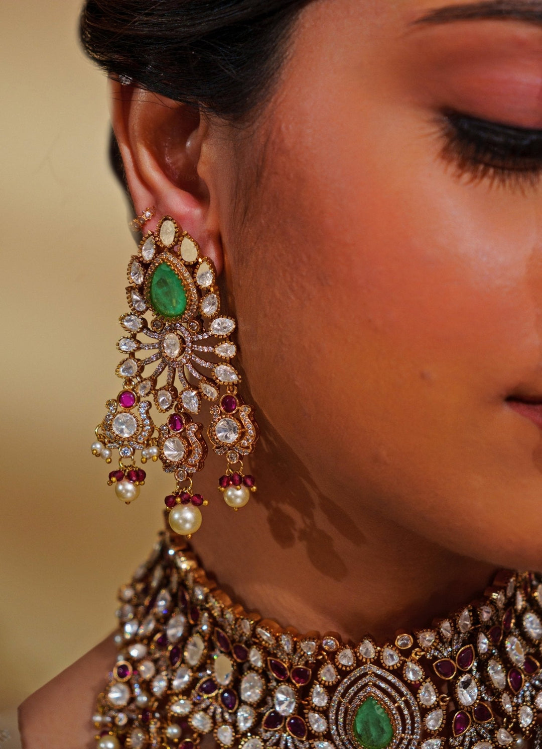 Gold Plated Kundan And Green Stone Bridal Necklace Set Zevar by Geeta - Fabilicious Fashion