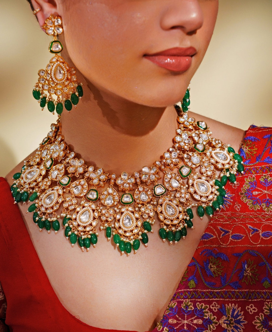Gold Plated Kundan And Green Stone Bridal Necklace Set Zevar by Geeta - Fabilicious Fashion