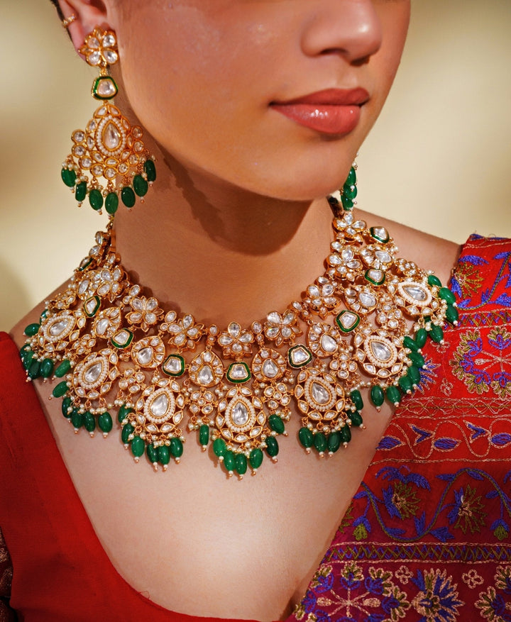 Gold Plated Kundan And Green Stone Bridal Necklace Set Zevar by Geeta - Fabilicious Fashion