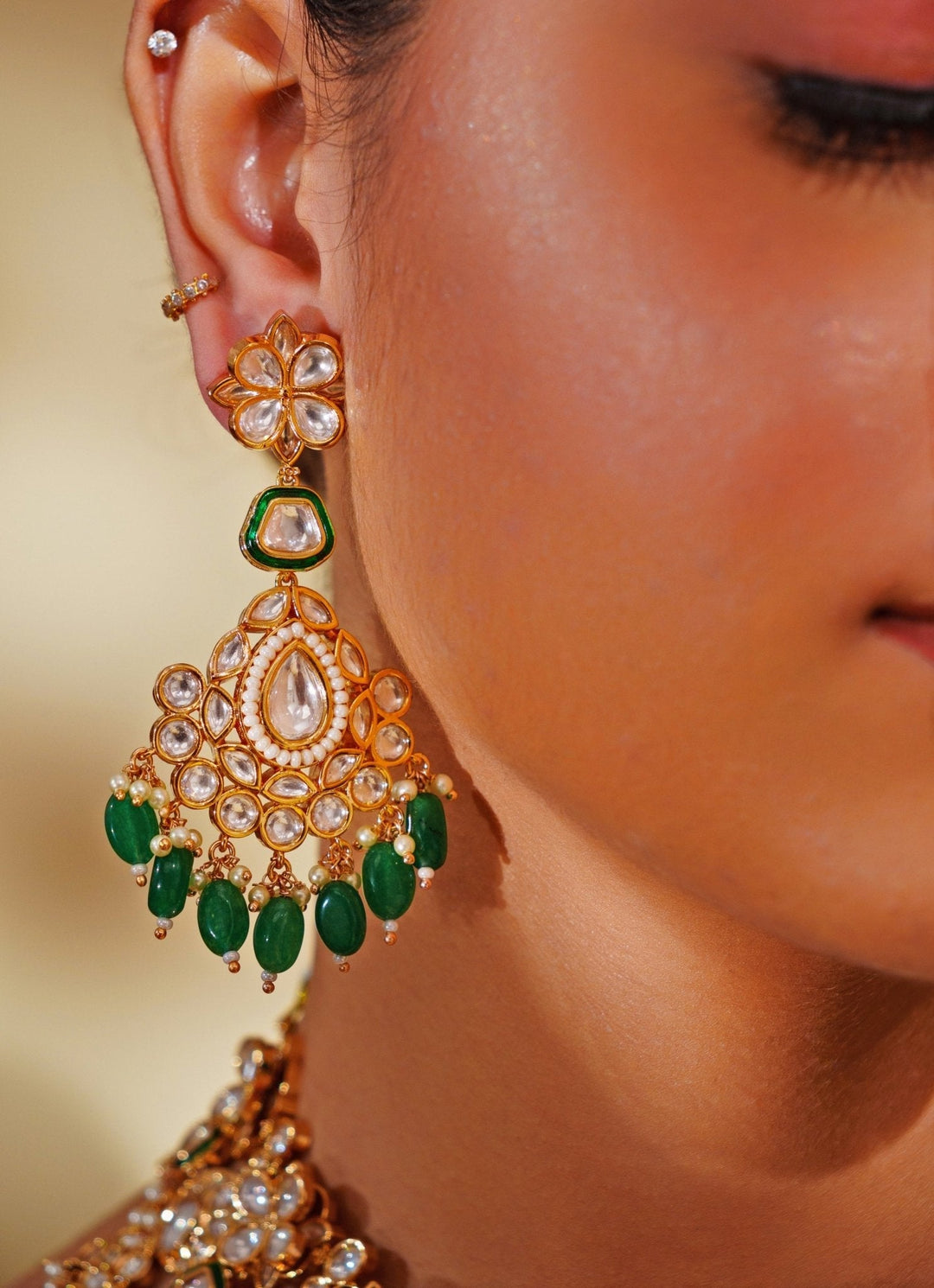 Gold Plated Kundan And Green Stone Bridal Necklace Set Zevar by Geeta - Fabilicious Fashion