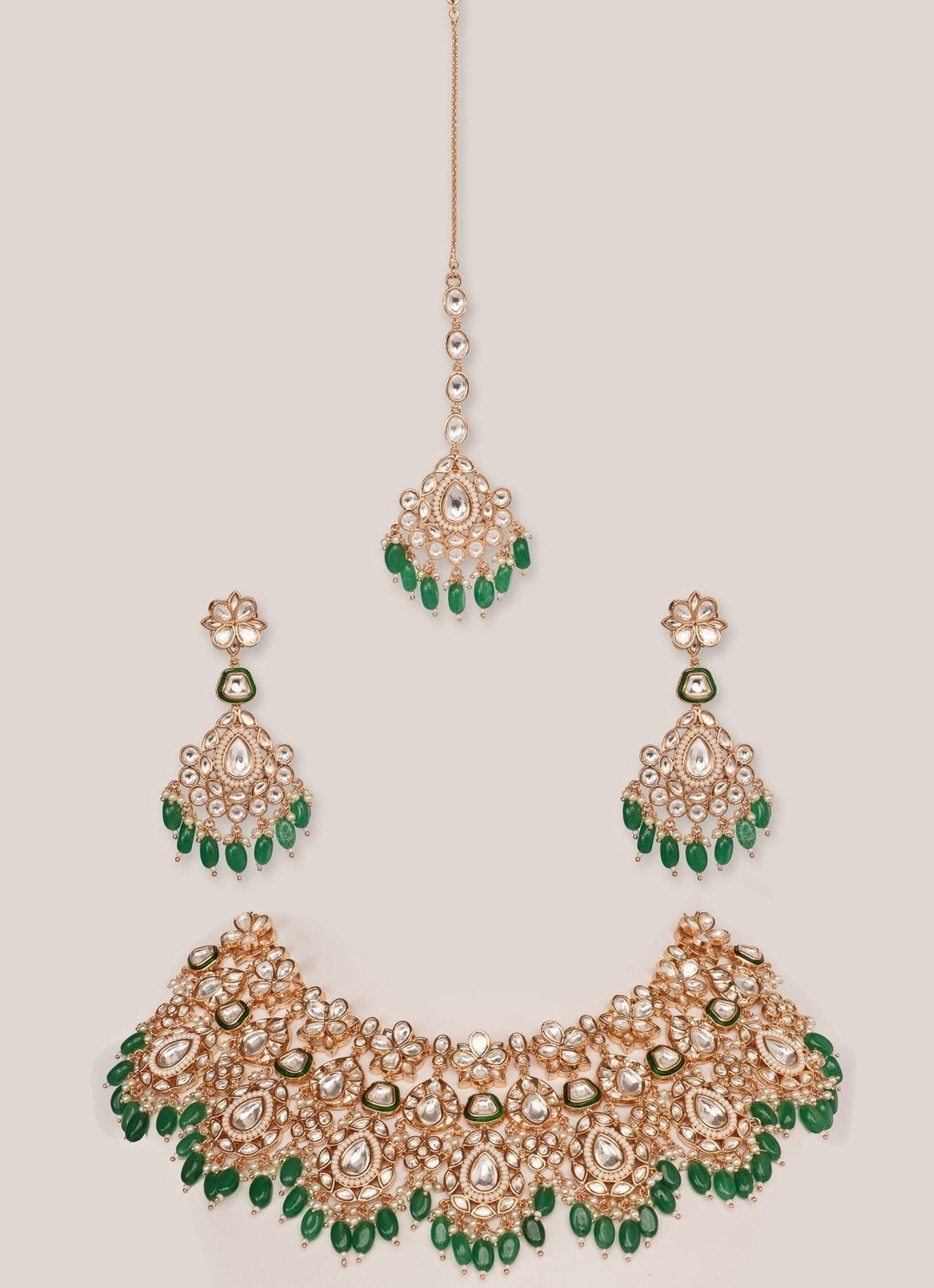 Gold Plated Kundan And Green Stone Bridal Necklace Set Zevar by Geeta - Fabilicious Fashion