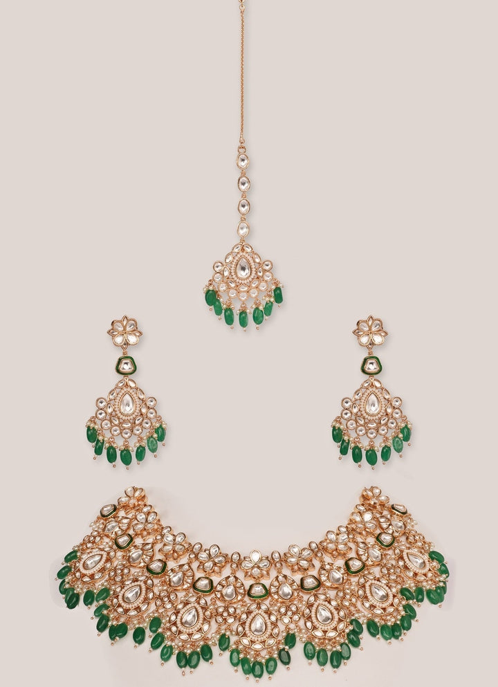 Gold Plated Kundan And Green Stone Bridal Necklace Set Zevar by Geeta - Fabilicious Fashion