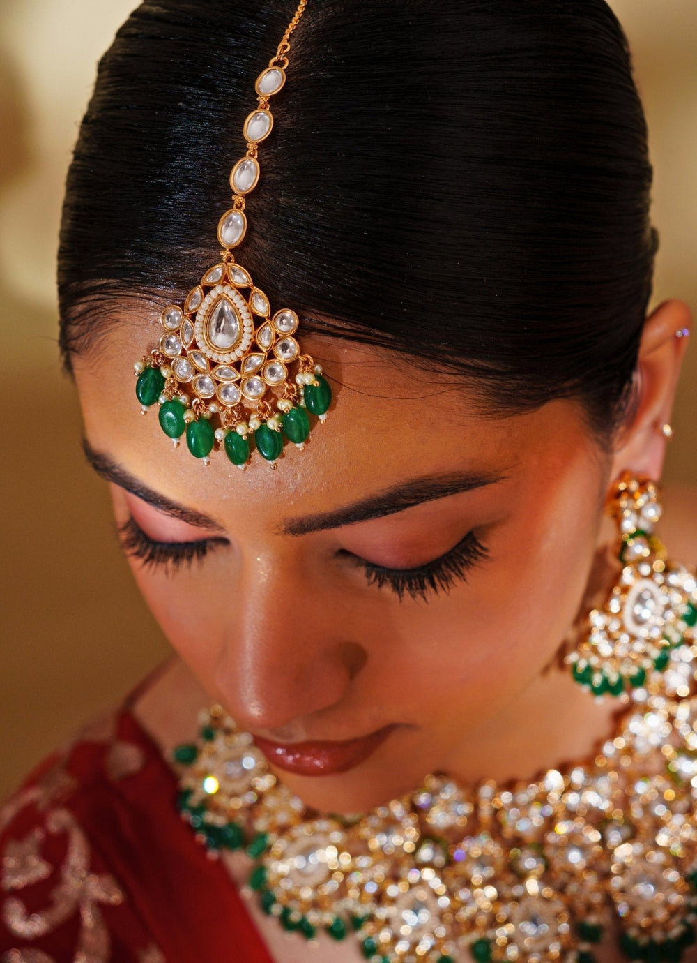 Gold Plated Kundan And Green Stone Bridal Necklace Set Zevar by Geeta - Fabilicious Fashion