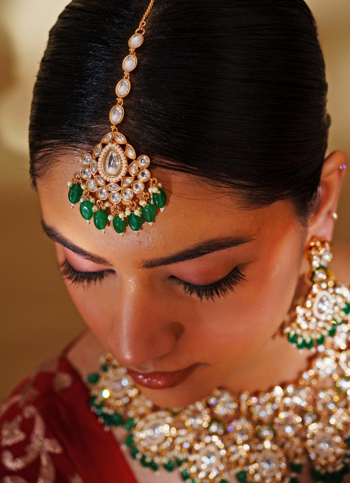Gold Plated Kundan And Green Stone Bridal Necklace Set Zevar by Geeta - Fabilicious Fashion