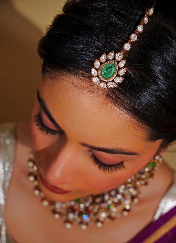 Gold Plated Kundan And Green Stone Bridal Necklace Set Zevar by Geeta - Fabilicious Fashion