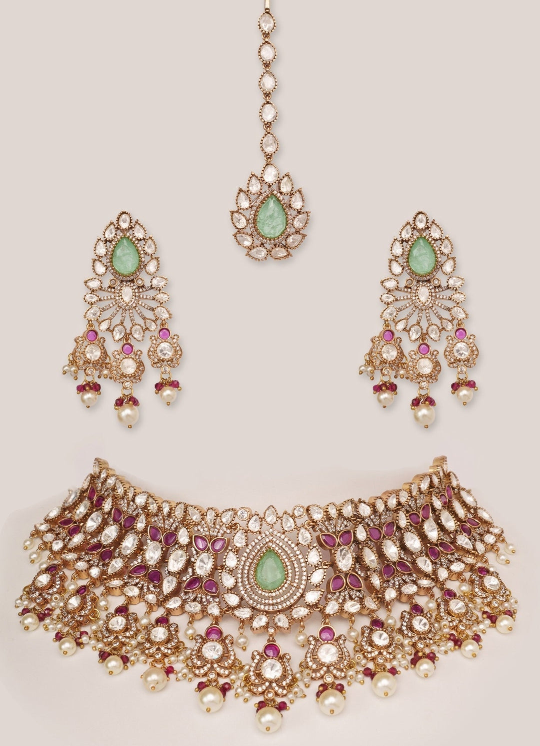 Gold Plated Kundan And Green Stone Bridal Necklace Set Zevar by Geeta - Fabilicious Fashion