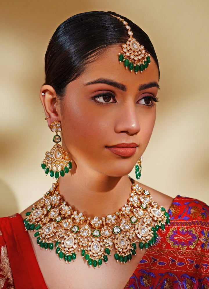 Gold Plated Kundan And Green Stone Bridal Necklace Set Zevar by Geeta - Fabilicious Fashion
