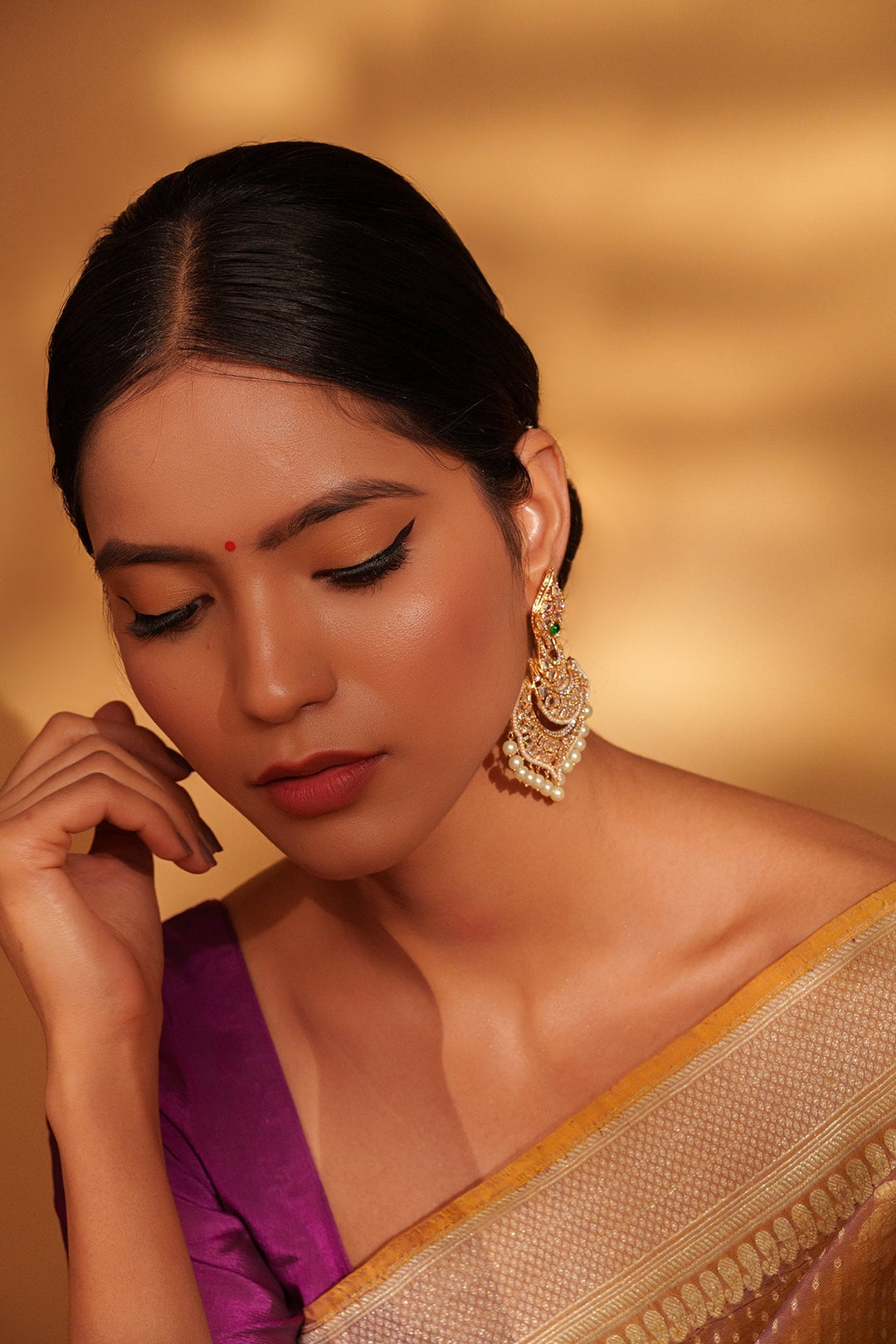 Gold Plated Kundan And Green Stone Dangler Earrings Zevar by Geeta - Fabilicious Fashion