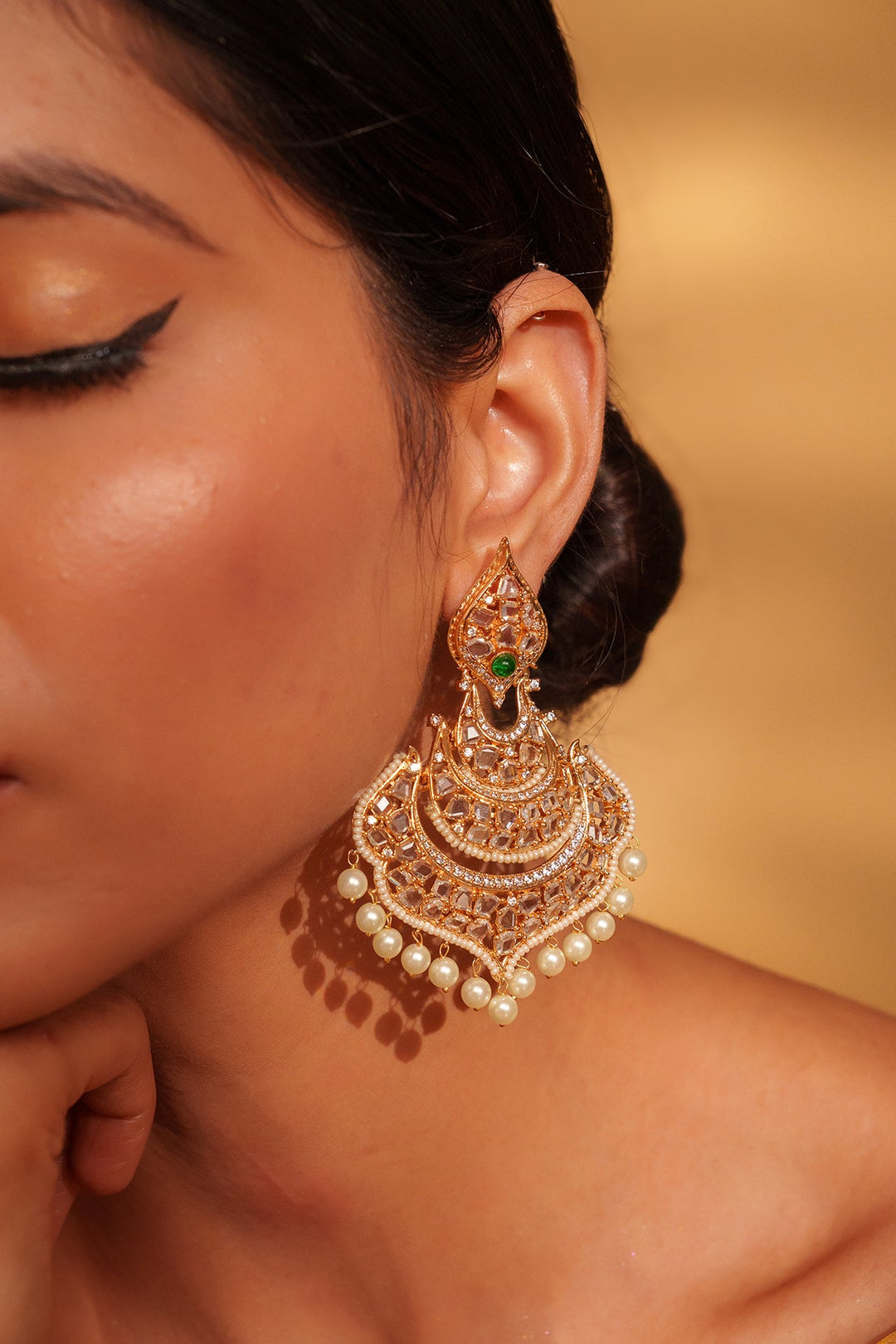 Gold Plated Kundan And Green Stone Dangler Earrings Zevar by Geeta - Fabilicious Fashion