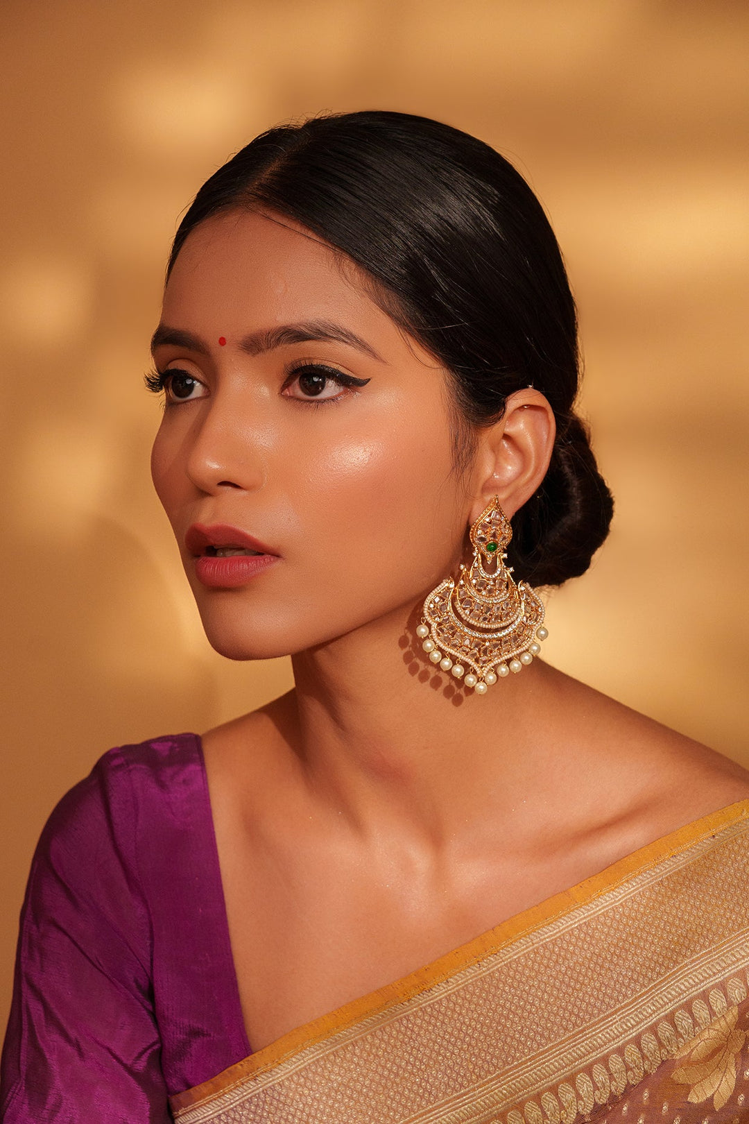 Gold Plated Kundan And Green Stone Dangler Earrings Zevar by Geeta - Fabilicious Fashion