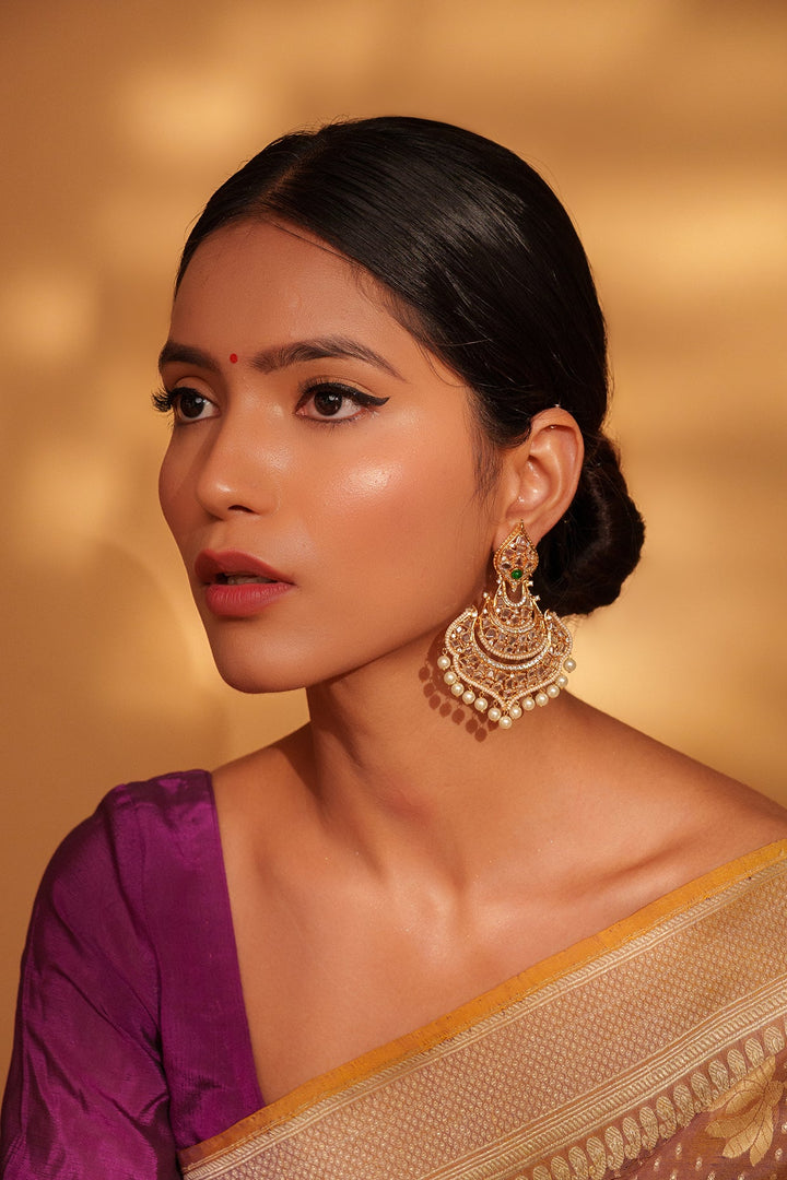 Gold Plated Kundan And Green Stone Dangler Earrings Zevar by Geeta - Fabilicious Fashion