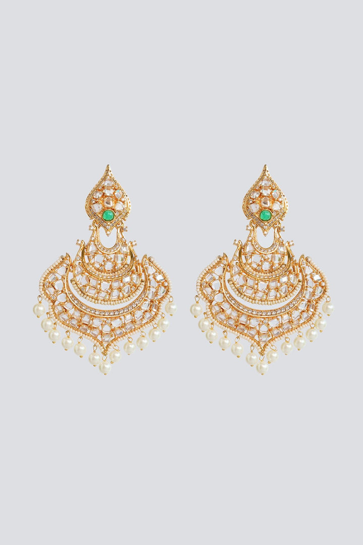Gold Plated Kundan And Green Stone Dangler Earrings Zevar by Geeta - Fabilicious Fashion