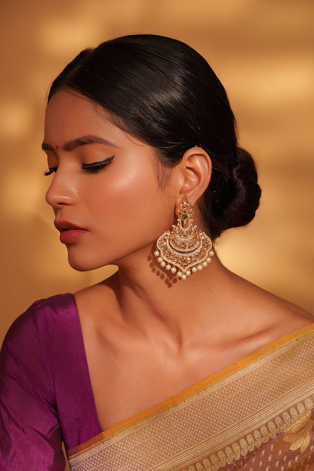 Gold Plated Kundan And Green Stone Dangler Earrings Zevar by Geeta - Fabilicious Fashion