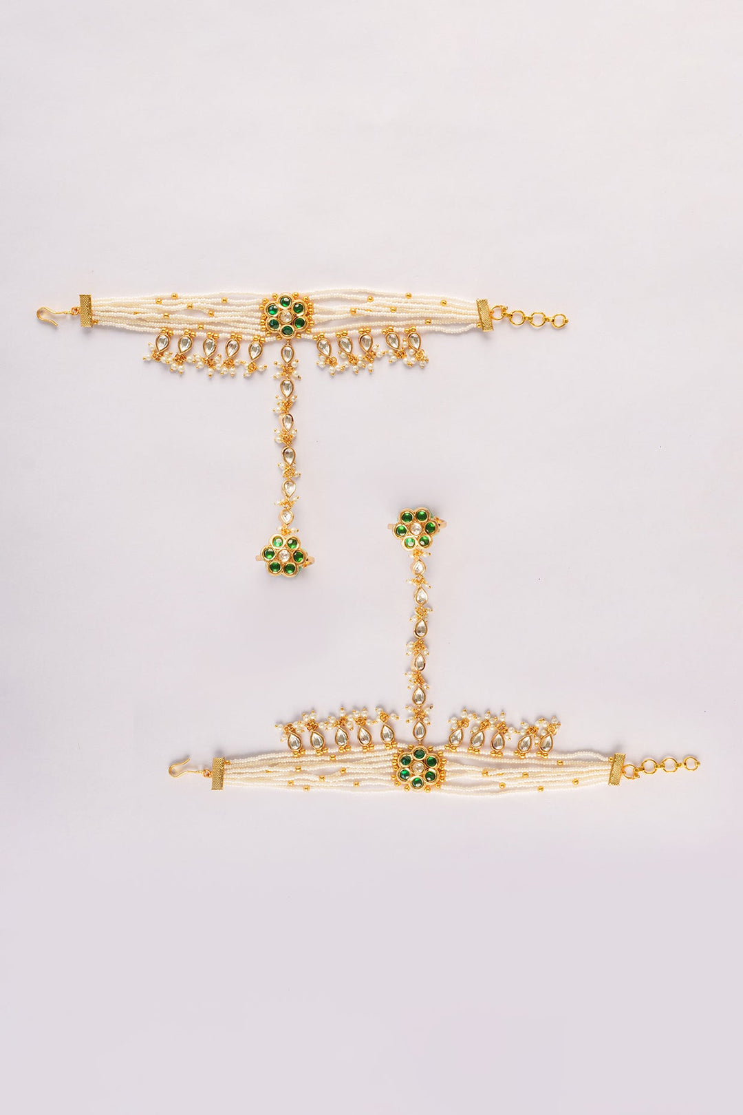 Gold Plated Kundan And Green Stone Hathphools Zevar by Geeta - Fabilicious Fashion