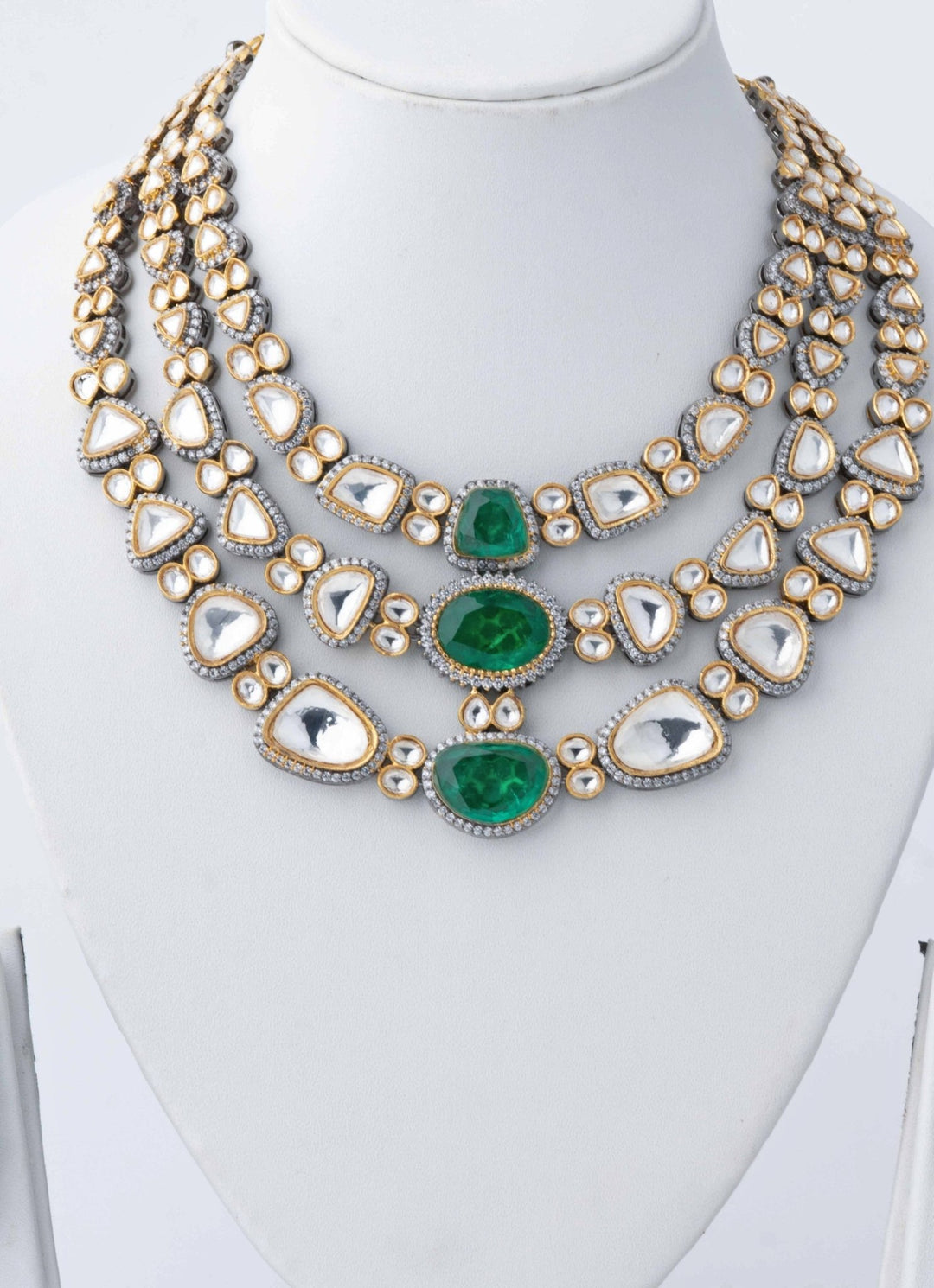Gold Plated Kundan And Green Stone Layered Necklace Set Vivinia by Vidhi Mehra - Fabilicious Fashion