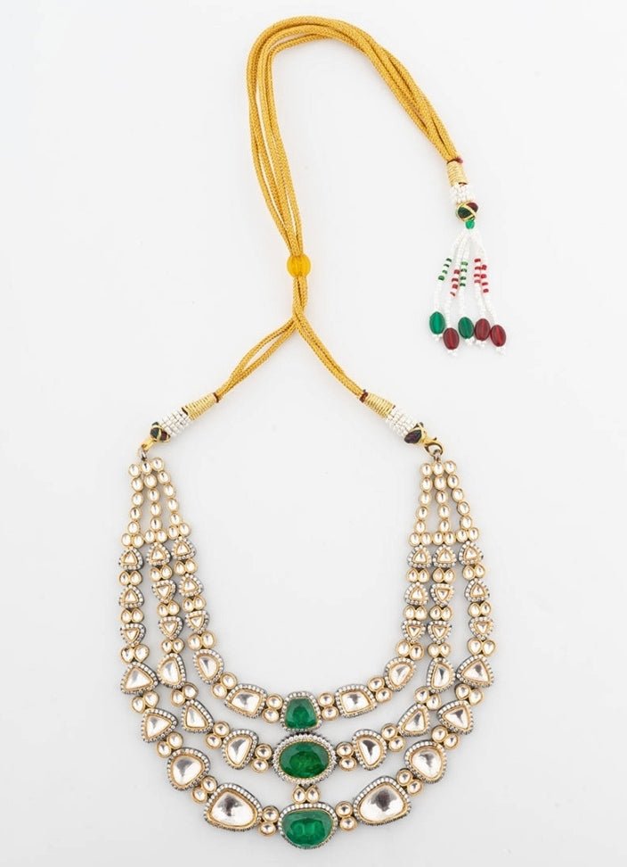 Gold Plated Kundan And Green Stone Layered Necklace Set Vivinia by Vidhi Mehra - Fabilicious Fashion