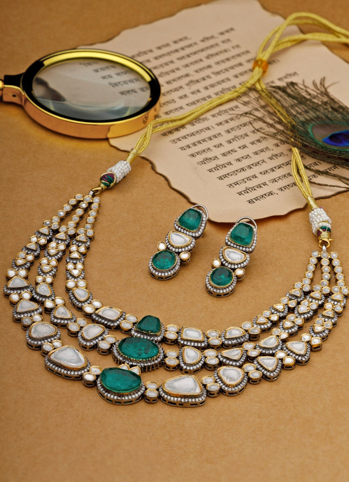 Gold Plated Kundan And Green Stone Layered Necklace Set Vivinia by Vidhi Mehra - Fabilicious Fashion